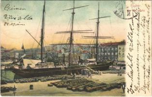 1906 Fiume, Rijeka; Via del Molo / Móló hordókkal a raktéren / pier with barrels, ships