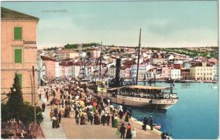 Mali Losinj, Lussinpicco; kikötő a Vis-Lissa gőzhajóval, szálloda / port with steamship, Hotel Dependance Hofmann
