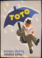 cca 1961 Toto minden időben minden héten! Férfi esernyővel, s.: Macskássy, Villamosplakát. 16,5x23,5 cm