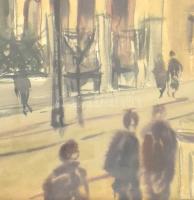 Olvashatatlan jelzéssel: Járókelők az utcán. Akvarell, papír, hátoldalán Képcsarnok Vállalat töredék...