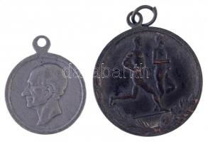 1903. "XIII. Leó 25 éves pápaságának emlékére" ón emlékérem füllel (23mm) + ~1920-1930. "Bencés Reálgimnázium" ezüstözött Br sportérem füllel, "LUDWIG" gyártói jelzéssel (30mm) T:2