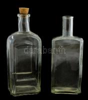 Üveg palackok, 2 db, az egyik fa dugóval, kopottak, az egyiken karcolások, m: 28 és 27 cm