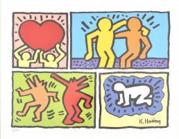 Keith Haring (1958-1990): Alakok. Szitanyomat, papír. Jelzett a nyomaton. A művész 4 alkotása egy lapon. Üvegezett fa keretben, 26×36 cm