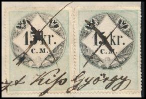 1855 Jegyzőkönyv 2×15 kr C.M. okmánybélyeggel