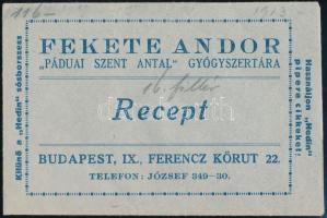 Fekete Andor Páduai Szent Antal Gyógyszertárának receptborítékja (Budapest IX. Ferenc körút)