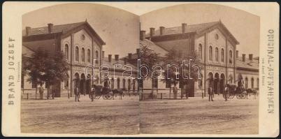 1875 Temesvár, pályaudvar, sztereófotó, 8,5×17,5 cm / Timisoara, railway station, stereo photo