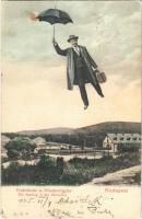 1905 Budapest II. Kirándulás a Hűvösvölgybe. Montázs esernyővel repülő úrral