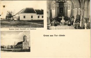 Torontálalmás, Apfeldorf, Jabuka; Kastner Josef Geschäft mit Gasthaus / Kastner József üzlete és vendéglője, Római katolikus templom, belső. A. Weiser Photographisches Atelier / shop and inn of Kastner, Catholic church, interior (Rb)