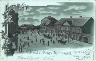 1900 Nagykanizsa, Fő utca, Milhofer Ödön, Pollak és Irmler József üzlete. Schless Antal kiadása. Art Nouveau ezüstös litho. Pick Testvérek (EK)