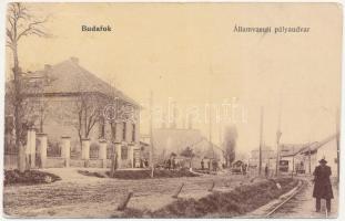 1909 Budapest XXII. Budafok, Államvasúti pályaudvar, vasútállomás, villamos, villanyszerelők (EB)