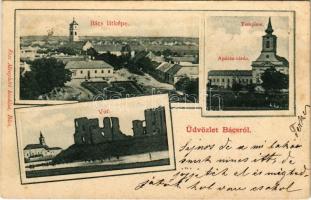 1900 Bács, Bac; látkép, templom, apácazárda, vár. Risz Menyhért kiadása / general view, church, nunnery, castle ruins (fa)