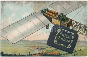 1922 Szentes, repülőgépes leporellólap, benne vasútállomás és vendéglő, kültelki szélmalmok, Szilágyi Dezső üzlete és kereskedelmi bank stb. / leporellocard with aircraft (fl)