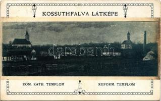 1911 Bácskossuthfalva, Kossuthfalva, Moravica, Ómoravica, Stara Moravica; látkép, Római katolikus templom, Református templom. Berger Sándor kiadása / general view with Catholic and Calvinist churches + "SZABADKA - GOMBOS - PALÁNKA 386" vasúti mozgóposta bélyegző (EK)