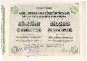 Budapest 1929. "Angol-Magyar Bank Részvénytársaság" száz részvénye egyben, részvényenként 50P-ről, magyar és angol nyelven, szelvényekkel, felülbélyegzéssel, szárazpecséttel, vízjeles papíron T:I- / Hungary / Budapest 1929. "Angol-Magyar Bank Részvénytársaság" one hundred shares in one, about 50 Pengő per share, hungarian-english bilingual with coupons, overprint, embossed stamp on watermarked paper C:AU