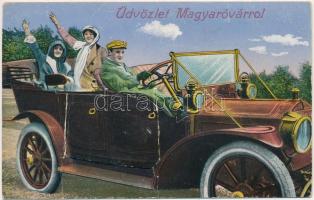 1915 Magyaróvár, Mosonmagyaróvár; leporellolap automobillal, belül: posta és távírda hivatal, Megyeháza, M. kir. Gazdasági Akadémia, stb. (fa)