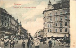 1906 Budapest VII. Kerepesi út, Központi és Debrecen szálloda, Petrits Károly üzlete, villamos. Montázs