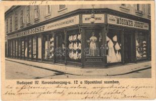 1912 Budapest V. Mössmer József asztalnemű menyasszony kelengye üzlete, Koronaherceg utca 12. főpostával szemben