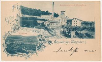 1898 (Vorläufer) Sopron, Ödenburg; Brennbergbánya, szénbánya,  Sopronbánfalva, ipari vasút gőzmozdonnyal / Kohlenbergwerk Brennberg, Wandorf. Art Nouveau, floral (ázott  wet damage)