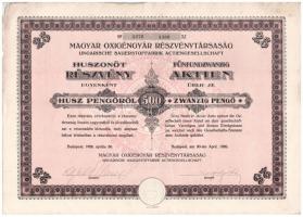 Budapest 1926. "Magyar Oxigéngyár Részvénytársaság" huszonöt részvénye egyben, összesen 500P- ről, szelvényekkel, szárazpecséttel T:III- anyaghiány, fo. / Hungary 1926. "Magyar Oxigéngyár Részvénytársaság" twenty-five shares in one, about 500 Pengő sum total, with coupons, embossed stamp C:VG missing material, spotted