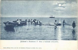 Balaton, Halászat a Balatonon V. rész a halászat befejezése, halászok hálóval, gőzhajó, este. Ellinger Ede fényképész kiadása
