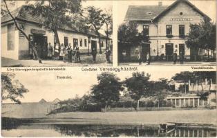 1937 Veresegyháza, tó részlet, vasútállomás, Lővy József és fia vegyes, épületfa kereskedés üzlete és saját kiadása