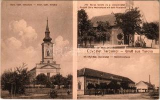 Tárcsó, Sztarcsova, Stárcsova, Starcevo; Római katolikus templom, Zéé Rezsó üzlete és a posta, Községháza, orvoslak / Röm. kath. Kirche, Rudolf Zéé's Warenhaus mit dem Postamte, Gemeindehaus / Catholic church, shop, post office, town hall, doctor's house (EK)