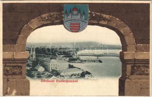 Esztergom, Szecessziós címeres litho keret, Art Nouveau. Wallfisch S. kiadása