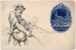 Körmöcbánya, Kremnica; Vető paraszt, irredenta művészlap. Szeiler féle Patent fémplaketten / Sowing, irredenta folklore art postcard s: Zsolt (szakadás / tear)