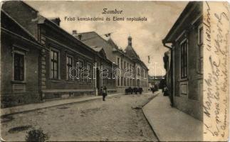 1905 Zombor, Sombor; Felső kereskedelmi és elemi népiskola. Kaufmann B. kiadása / school, street view (EK)
