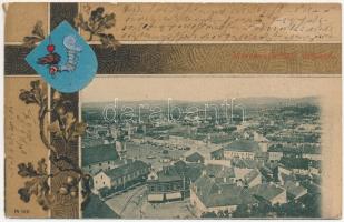 1903 Marosvásárhely, Targu Mures; Főtér, zsinagóga. Szecessziós keret címerrel, Holbach Ede kiadása / main square, synagogue. Art Nouveau coat of arms, litho