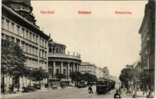 Budapest VI. Váci körút (Bajcsy-Zsilinszky út), villamos, utcaseprő (képeslapfüzetből / from postcard booklet)
