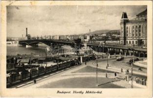 1942 Budapest, Horthy Miklós híd a pesti hídfővel, Elevátor, villamos, automobil (fl)