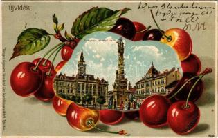 1907 Újvidék, Novi Sad; Ferenc József tér, Szentháromság szobor. Herger Ágoston kiadása, Szecessziós, dombornyomott montázs meggyel / square, Trinity statue. Art Nouveau, Emb. montage with cherry