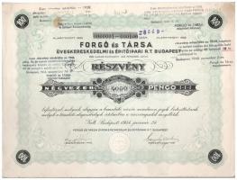Budapest 1934. "Forgó és Társa Üvegkereskedelmi és Építőipari R.T. Budapest" részvénye 4000P-ről, szelvényekkel, szárazpecséttel, bélyegzéssel T:II / Hungary / Budapest 1934. "Forgó és Társa Üvegkereskedelmi és Építőipari R.T. Budapest" share about 4000 Pengő with coupons, embossed stamp and overprints C:XF
