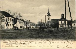 1904 Temesrékas, Rékás, Recas; Fő tér, templom, torony / main square, church, tower