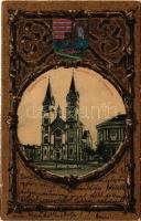 1902 Temesvár, Timisoara; Gyárvárosi római katolikus templom. Szecessziós litho keret címerrel / Fabric church. Art Nouveau litho frame with coat of arms