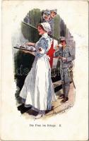 Die Frau im Kriege II. / WWI Austro-Hungarian K.u.K. military art postcard, Red Cross nurse, soldiers, hospital train. A.F.W. III/2. Nr. 732. artist signed (EK)