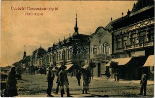 1908 Marosvásárhely, Targu Mures; Főtér, Hirsch Mór könyvnyomda, Tischler József üzlete. W.L. (?) 28. / main square, shops (EK)