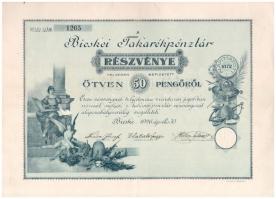 Bicske 1926. "Bicskei Takarékpénztár" részvénye 50P-ről, szelvényekkel, szárazpecséttel T:III szép papír / Hungary / Bicske 1926. "Bicskei Takarékpénztár" share about 50 Pengő with coupons and embossed stamp C:F fine paper