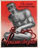 Az ideális spasmolyticum Spasmotropin görcsoldó reklámlapja. Medichemia R.T. Budapest X. Hölgy utca 14. / Hungarian antispasmodic medicine advertising card (EK)