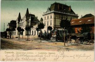 1902 Temesvár, Timisoara; Józsefvárosi indóház, vasútállomás, lovashintók / Iosefin railway station, horse chariots