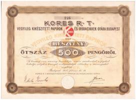 Budapest 1935. "Kores R.T. Vegyileg Kikészített Papírok és Irodacikkek Gyára Budapest" részvénye 500K-ról, szelvényekkel, szárazpecséttel T:I- / Hungary / Budapest 1935. "Kores R.T. Vegyileg Kikészített Papírok és Irodacikkek Gyára Budapest" share about 500 Korona, with coupons, embossed stamp C:AU