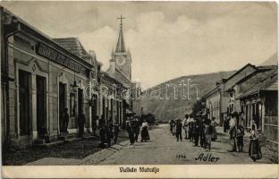 1912 Vulkán, Zsilyvajdejvulkán, Vulcan; Fő utca, templom, Hermann Izidor vegyesárú kereskedése, üzletek. Adler fényirda 1846. 1910 / main street, shops, church (EK)