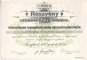 Tiszafüred 1922. "Tiszafüredi Takarékpénztár Részvénytársaság" névre szóló részvénye 400K-ról, szelvényekkel, szárazpecséttel T:I- / Hungary / Tiszafüred 1922. "Tiszafüredi Takarékpénztár Részvénytársaság" share about 400 Korona, with shareholder's name and coupons, embossed stamp C:AU