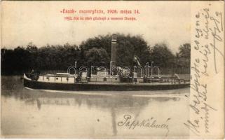 1908 Május 14. Észak csavargőzös (csavaros vontató gőzhajó) 1862 óta az első gőzhajó a mosoni Dunán / Hungarian towing steamship