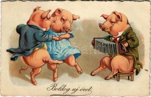 Boldog új évet! Malac muri / New Year greeting with pigs. litho (EK)