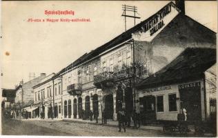 1930 Sátoraljaújhely, Fő utca, Magyar király szálloda, Lovász L. üzlete, bor, sör, pálinka és só árulás. Haladás könyvnyomda kiadása
