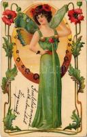 1904 Art Nouveau butterfly lady with poppy. litho