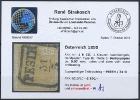 1kr HP III. cadmium yellow 0,07 mm silky paper, "PESTH" Certificate: Strakosch 1kr HP III....