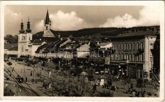 1942 Marosvásárhely, Targu Mures; Széchenyi tér, Transsylvania szálloda, Dr. Joós András, Boskovics Ferenc, Grün Dezső, Farkas üzlete, City cukrászda. "Helikon" Petri Károly kiadása / square, hotel, shops, confectionery